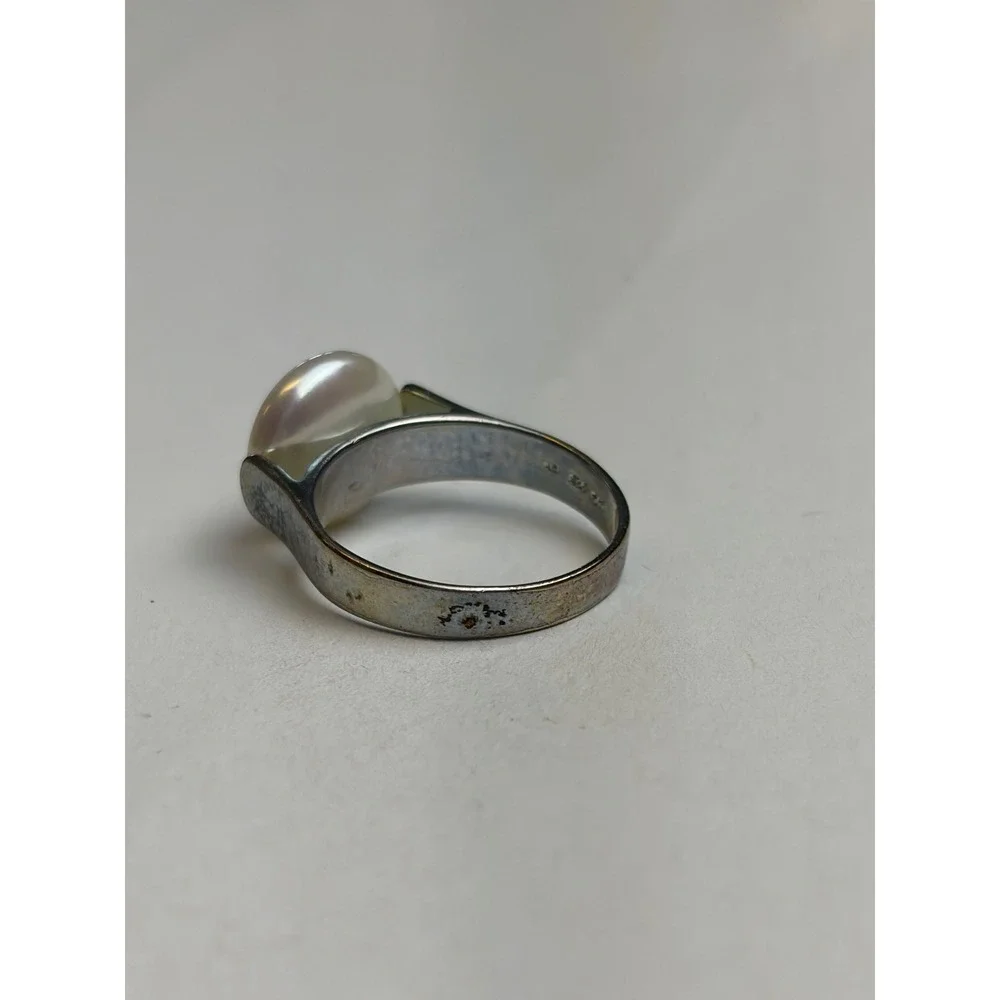 LUC Pearl Ring Sz 8.5 Silver 925 Sterling Iridescent Modernist Solitaire Lucoral